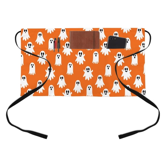 Halloween Ghost Kitchen Restaurant Half Waist Apron, Minimalist Orange White Cartoon Tiny Ghosts Server Short Apron with 3 Pockets Waterproof Oil Waist Aprons for Women Waitress Waiter