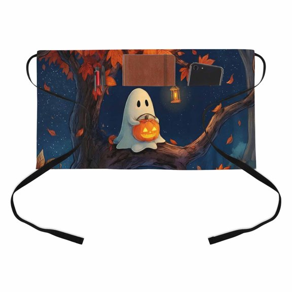 Halloween Ghost Kitchen Restaurant Half Waist Apron, Orange Pumpkin Rustic Spooky Tree Leaf Server Short Apron with 3 Pockets Waterproof Oil Waist Aprons for Women Waitress Waiter