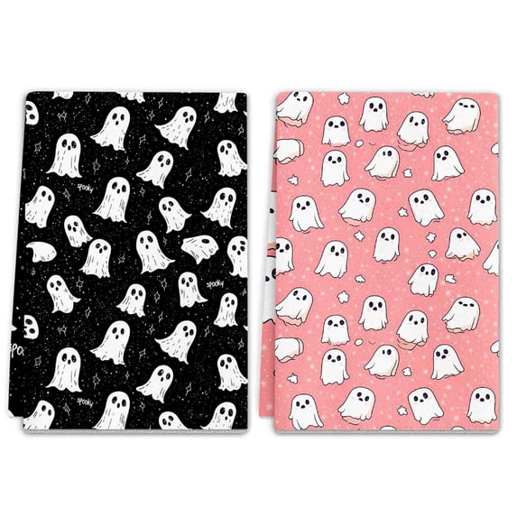 Halloween Ghost Kitchen Towels Set of 2, Black White Absorbent Hand Towels, 18 x 26 in Reusable Cleaning Cloths for Bathroom Kitchen Fall Decor
