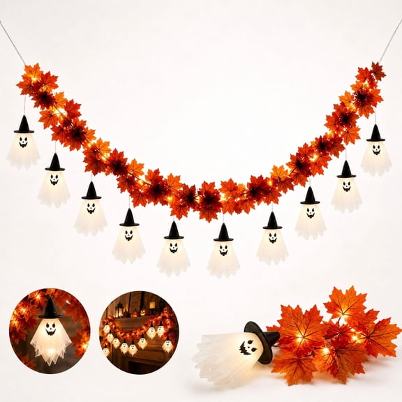 Halloween Ghost LED Garland, Decorative Hanging Lighted Vine, Whimsical Ghost Accent Strand For Entryway Arch And Living Room Wall Arrangements