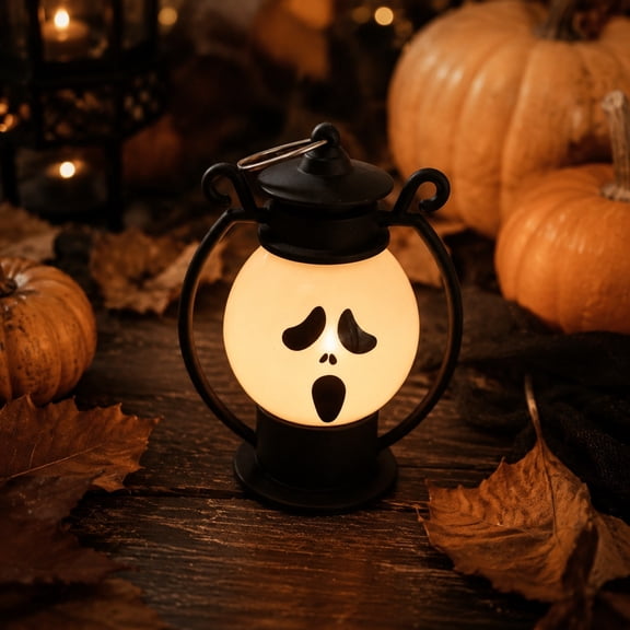 Halloween Ghost LED Mini Lantern, Spooky Face Glowing Ghost Hanging Light, Portable Black Frame Ghost Lamp for Window Table Mantel Indoor Outdoor Halloween Decor