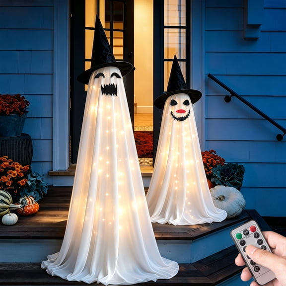 West Bay 2 Pack Halloween Decorations Outdoor, Light Up Ghost Decor,Spooky Ghost with Remote Control String Lights,Halloween-Ghost Lights for Porches Yards Gardens Lawn