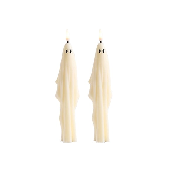 Halloween Ghost LED Taper Candles Set of 2, Flameless Spooky Branch Candlesticks, Battery Operated Faux Flame Window Light, Cute Autumn Holiday Tabletop Centerpiece Decor