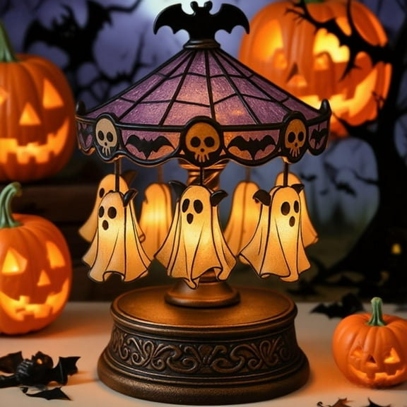 Halloween Ghost Lamp,Ghost Carousel Light Halloween Desk Lamp Stained Glass Ghost Night Light with Ghosts Bats Skeletons, Vintage Carved Base, Light Up Ghost Kit Spooky Decorations for Home Party