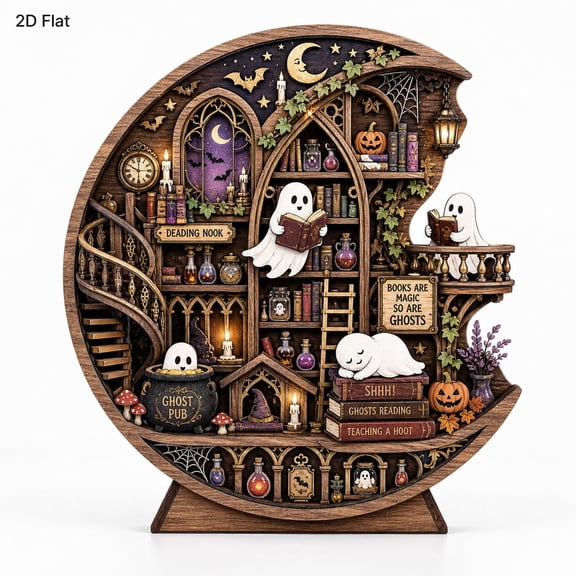 Halloween Ghost Library Wooden Block, Moonlight Reading Nook Decor, Spooky Book Lover Sign, Halloween Bookish Shelf Decor, Fall Tabletop Gift