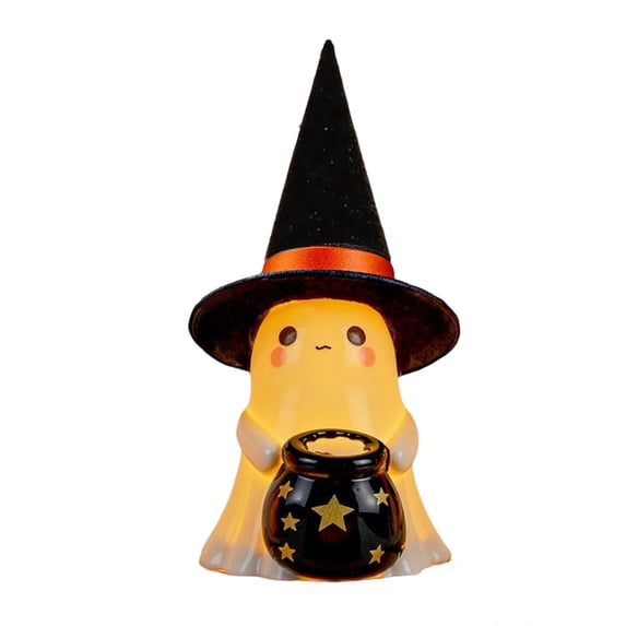 Halloween Ghost Light Decoration – Set of 3 Ceramic Ghost Figurines with Colorful Hats for Tabletop, Porch, Shelf & Party Decor