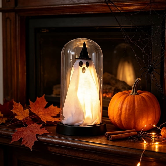 Halloween Ghost Light with Glass Cover Decor, Halloween Indoor Light-Up Ghost in Glass Cloche Decorations, Cute Ghost Light for Home Kitchen Mantel Tabletop Party Decor Holiday Supplies (Black, C)