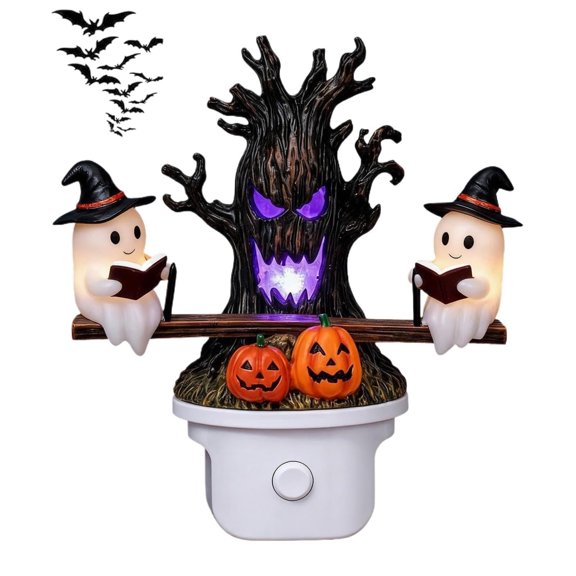 Halloween Ghost Light Plug-in 3D Animated Seesaw LED Night Lamp with Spooky Tree and Pumpkin Design for Indoor Bedroom and Hallway Decoration 1Pc