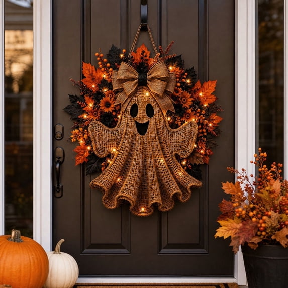 Halloween Ghost Lighted Fall Wreath , Ready to Hang Glowing Front Door Decor for Autumn Home, 15.75"x15.75"Pre-Decorated Garland