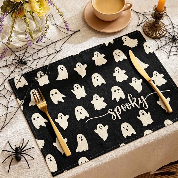 Halloween Ghost Linen Placemat, Stain Resistant Dining Mat, Spooky Themed Restaurant Table Decor, Washable Polyester Placemat with Ghost Print, 12x18 Inch Non-Slip Heat Resistant​