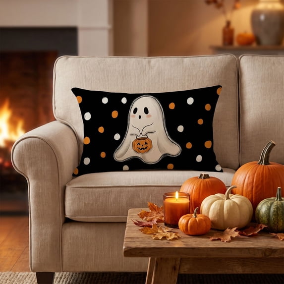 Halloween Ghost Lumbar Pillow Cover, Polka Dot Rectangular Cushion Case, Digital Print Soft Fabric Hidden Zipper, for Sofa Home Holiday Decor by MPOISVA