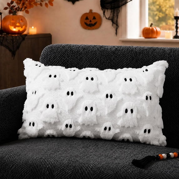Halloween Ghost Lumbar Throw Pillow Cover, Cute Tufted Knit Decorative Cushion Case for Sofa Couch, Spooky Soft Plush Fuzzy Fall Holiday Home Decor, 12x20 Inch, White