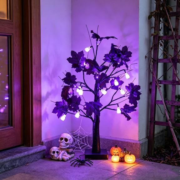 Halloween Ghost Maple Leaf Tree Light 20 Inch, Purple LED Tabletop Decor with Wizard Hats, USB Battery Powered