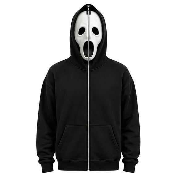 Halloween Ghost Mask Full Zip Hoodie, Black Pocketed Long Sleeve Sweatshirt Costume Outerwear for Men Women