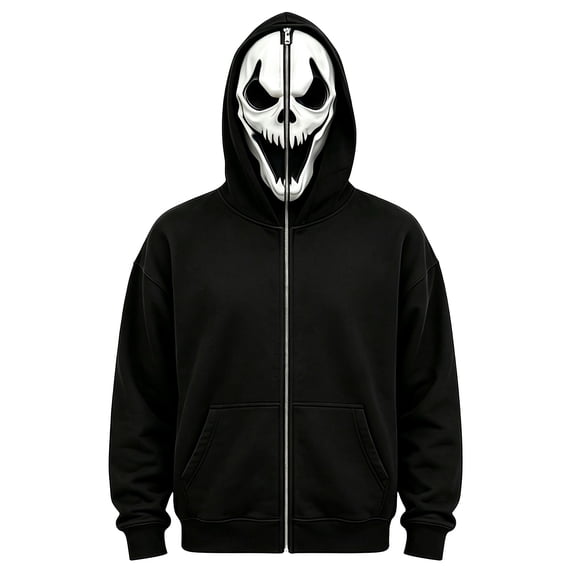 Halloween Ghost Mask Full Zip Hoodie, Black Pocketed Long Sleeve Sweatshirt Costume Outerwear for Men Women