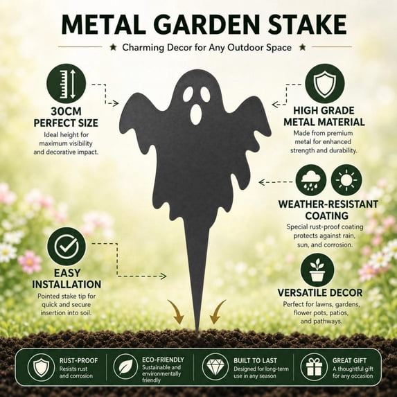 Halloween Ghost Metal Garden Stake 12 Inch, Spooky Iron Yard Ground Decor Ornament, Outdoor Lawn Flower Bed Pathway Decor, Wrought Iron Fall Holiday Yard Art