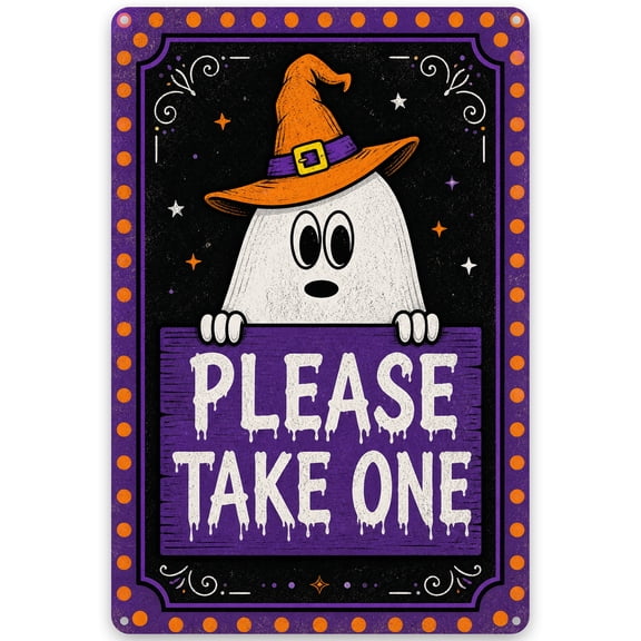 Halloween Ghost Metal Wall Decor Sign with Witch Hat and "Please Take One" Message for Vintage Home Decor, Indoor Outdoor Weather Resistant - 8x12 Inch Iron Wall Art with Pre-Drilled Holes