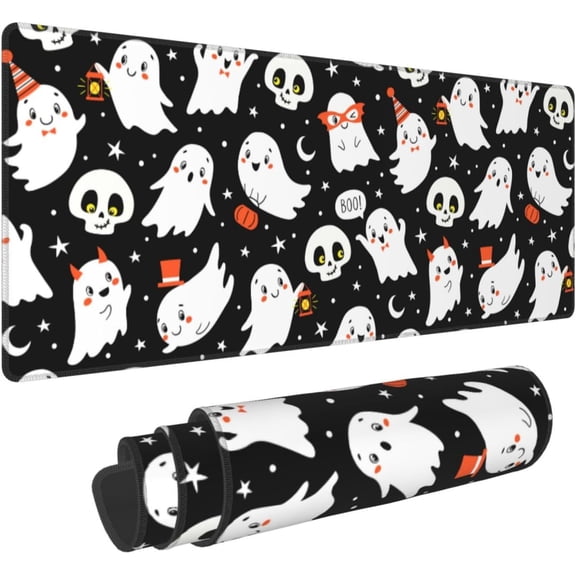 Halloween Ghost Moon Large Mouse Pad for Desk XL Gaming Mouse Pad 31.5x11.8in Extended Desk Mat Non-Slip Base Desk Pad with Stitched Edge Computer Keyboard Mouse Mat Gaming Mousepad for Home Office