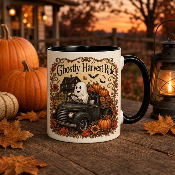 Halloween Ghost Mug, Vintage Truck Pumpkin Ceramic Coffee Cup for Fall Coffee Lovers