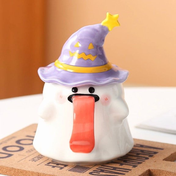 Halloween Ghost Mug with Witch Hat Lid, Cute Ceramic Tongue Sticking Funny Face Ghost Mug Coffee Cup Halloween Accessories Birthday Gifts for Kids Adult