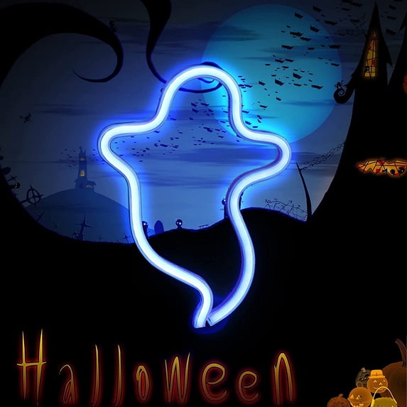 Halloween Ghost Neon Signs LED Neon Night Light Table Decor for Kids Room Halloween Party Decorations(Blue Ghost)