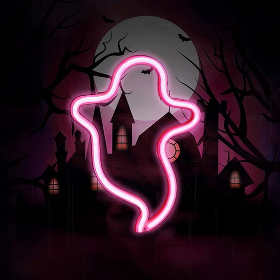 Halloween Ghost Neon Signs LED Neon Night Light Table Decor for Kids Room Halloween Party Decorations(Pink Ghost)