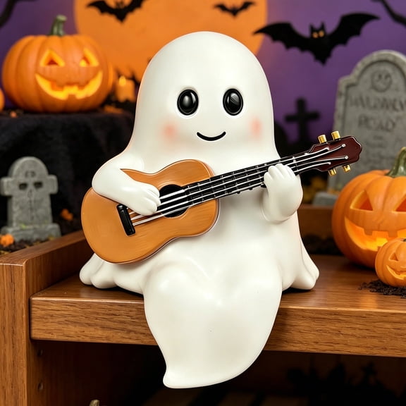Halloween Ghost Night Light, Cute Ghost Playing The Guitar Lamp, Ghost Warm Lighted Figurine Lamps for Party Bedroom Study Room Home Dorm, Halloween Decor Indoor
