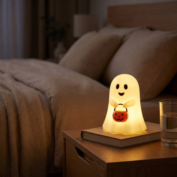 Halloween Ghost Night Light with Pumpkin Candy Bucket, Cute LED Ghost Resin Lamp, Tabletop Halloween Decoration for Desk, Shelf, Mantel, Entryway, Party, Bedroom Seasonal Home Decor