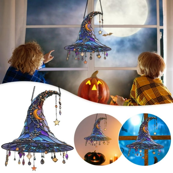 Halloween Ghost Night Light - Usb Rechargeable Touch Control Lamp,2D Acrylic Witch Hat Hanging Decoration Colorful Painted Designs