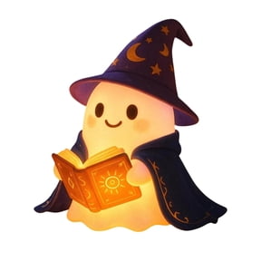 Halloween Ghost Night Light, ute Ghost Reading Book LED Lamp with Witch Hat & Cloak,Saving LED Nightlight For Wall Use,USB C Compatible Plug In Night Light