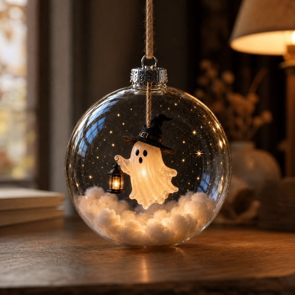 Halloween Ghost Ornament, Halloween Pendant, Acrylic Hanging Decor, 2D Flat Clear Acrylic Ghost with Witch Hat and Lantern, with Jute Rope for Halloween Tree Window Mantel Wall Party Display and Gift