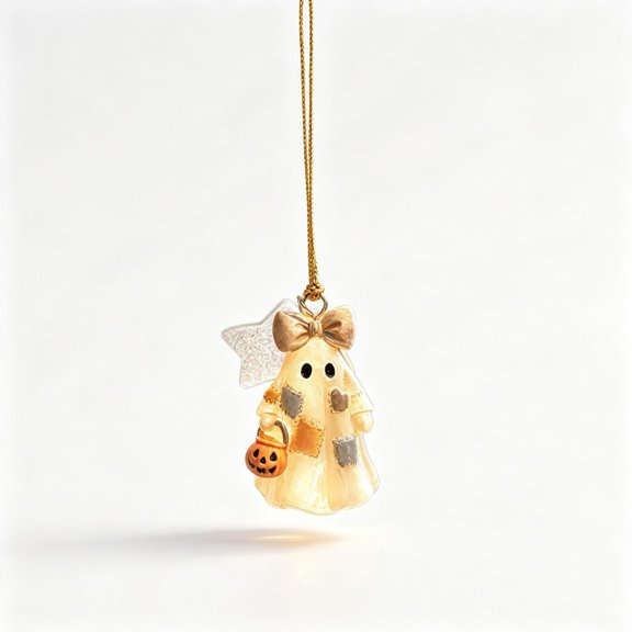 Halloween Ghost Ornament Light Up Hanging Decoration Cute Patchwork Ghost With Pumpkin Bucket Bow Star Fall Tree Hanging Ornament For Home Party Holida