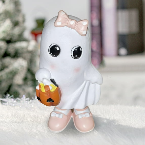 Halloween Ghost Ornaments Cute Ghost Cat Pumpkin Sculpture Spooky Resin Home Decor Desktop Figurine for Indoor Outdoor Display