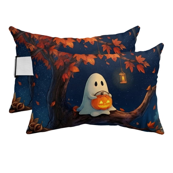 Halloween Ghost Outdoor Pillows for Chaise Lounge Chair Beach Headrest Pillow Set of 2 Waterproof Lumbar Pillows with Insert&Strap Horror Pumpkin Light Maple Leaves Tree Pool Pillow 11"x16"
