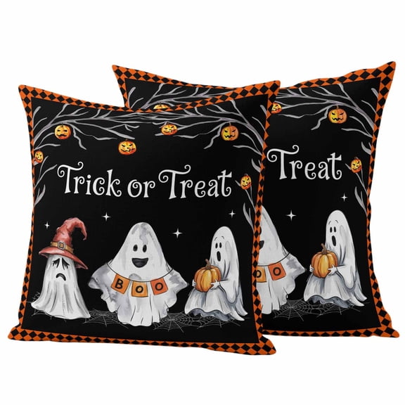 Halloween Ghost Outdoor Waterproof Pillow Covers, Funny Spooky Pumpkin Orange Plaid Decorative Square Throw Pillowcase Sofa Cushion Sham for Patio/Couch/Chair, 18"x18" 2 Pack