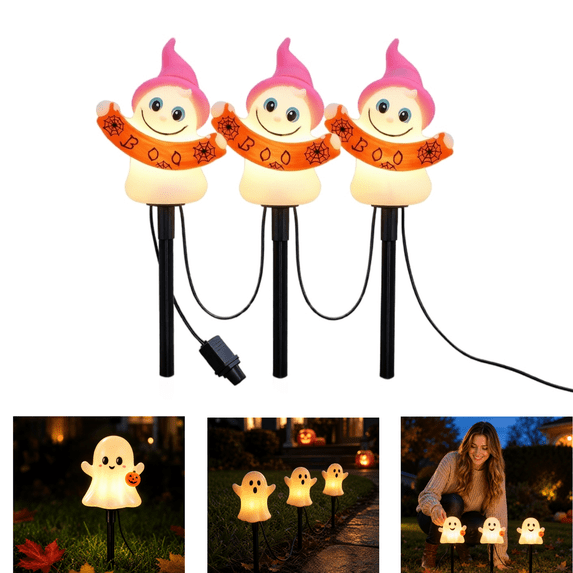 Halloween Ghost Pathway Lights Set of 3, Easy to Install, Warm White Light Up Ghost Lawn Decor Lamp, Waterproof Outdoor Ground Light for Yard Garden Sidewalk Halloween Party Holiday Ornament (1, #A)