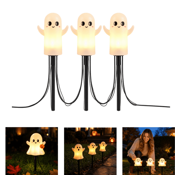 Halloween Ghost Pathway Lights Set of 3, Easy to Install, Warm White Light Up Ghost Lawn Decor Lamp, Waterproof Outdoor Ground Light for Yard Garden Sidewalk Halloween Party Holiday Ornament (1, #A)