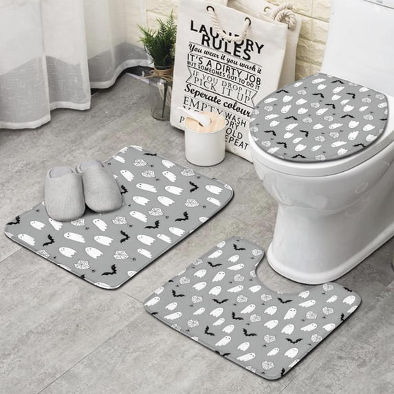 Halloween Ghost Pattern Bathroom Rugs Sets 3 Piece,Toilet Cover Set,Absorbent Non Slip Bathroom Mats Sets with U-Shaped Contour Rug Toilet Rug Set