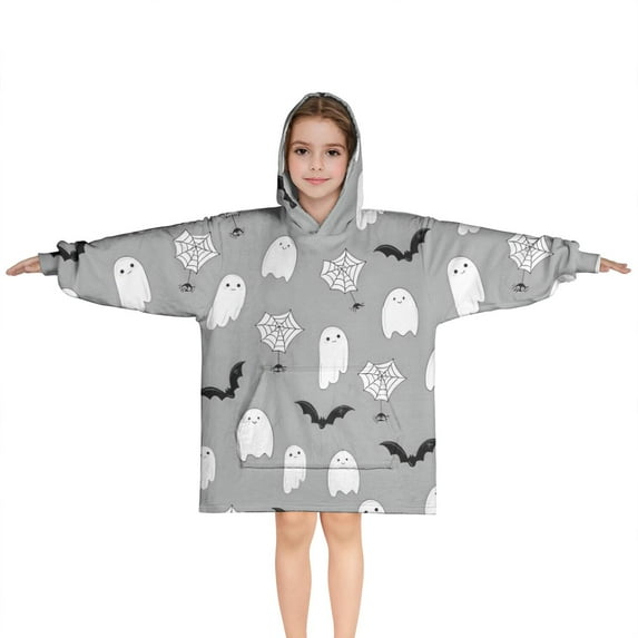 Halloween Ghost Pattern Blanket Hoodies for Kids 6-13YR Oversize Wearable Blanket Hoodies for Boys Girls Teens