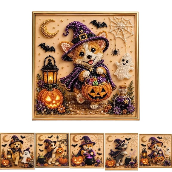Halloween Puppy Pearl Art DIY Kit, 3D Cute Spooky Puppy Festive Fun | Halloween Puppy Pearl Art DIY Kit, 3D Faux Bead Embroidery Craft Set, Spooky Pumpkin Black Cat Canvas Wall Decor