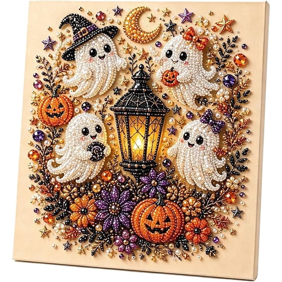 Halloween Ghost Pearl Art DIY Kit, 3D Cute Spooky Ghost Festive Fun | Halloween Ghost Pearl Art DIY Kit, 3D Faux Bead Embroidery Craft Set, Spooky Pumpkin Black Cat Canvas Wall Decor(Ghost)