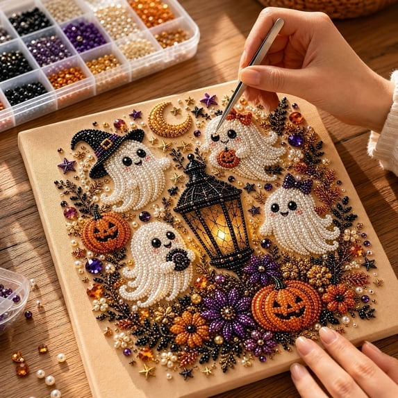 Halloween Ghost Pearl Art DIY Kit, 3D Pearl Mosaic Craft Set, Beginner Friendly Handmade Pearl Painting, Cute Ghost Pumpkin Canvas Art, Gift for DIY Craft Lovers (Ghost)