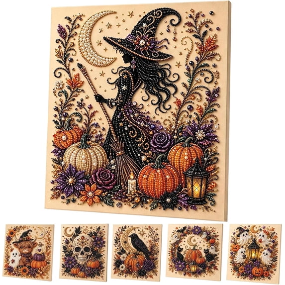 Halloween Ghost Pearl Art DIY Kit - 3D Pearl Mosaic Craft Set, Cute Ghost Pumpkin Canvas Art, Create a Sparkling Spooky-Cute Masterpiece for Your Home (Witch)