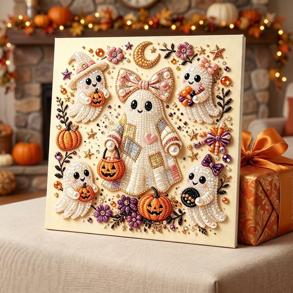 Halloween Ghost Pearl Art DIY Kit, 4 Styles Optional Cute Ghost Pumpkin Black Cat Diamond Painting Set, Beginner Adult Bead Embroidery Craft Supplies, Fall Halloween Wall & Tabletop Decor, 1pc B