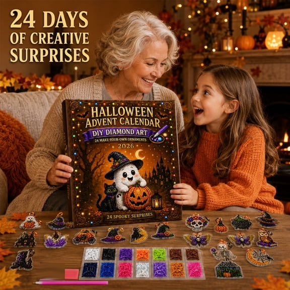 Halloween Ghost Pearl Art DIY Kit Advent Calendar Countdown 2026, 3D Diamond Painting Acrylic Pendants Craft Set with Witch Cauldron Owl Skeleton Designs for Fall Home Decor Gift