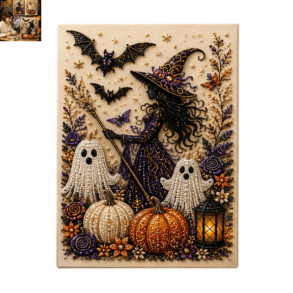 Halloween Ghost Pearl Art DIY Kit,All-in-One 3D Textured Pearl Painting Kit, Featuring Swing Ghost, Lace Ghost, Silhouette Witch & Double Ghost Canvas Craft Supplies for Beginners Decor Gift B 1Pc