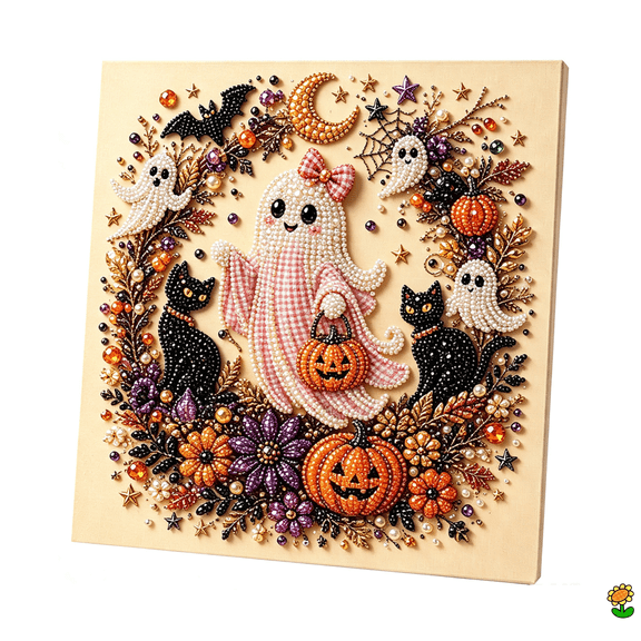 Halloween Ghost Pearl Art DIY Kit, Cottagecore Spooky Cute Ghost Diamond Painting Kit, Framed Canvas Seasonal Halloween Decor & Summerween Decor Gift,Home Decor & Wall Decor-B