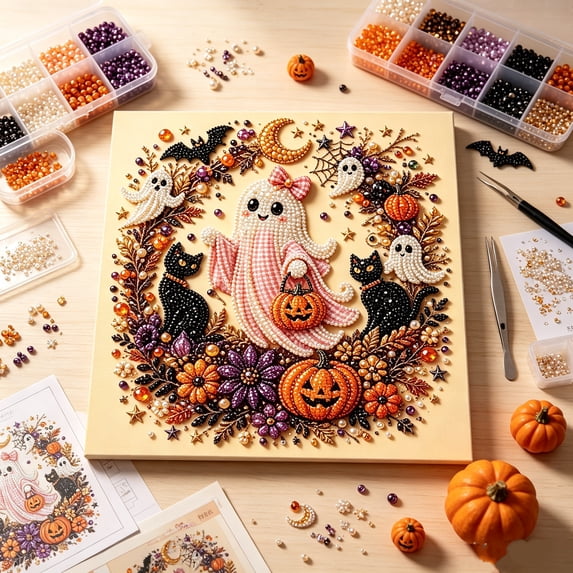 Halloween Ghost Pearl Art DIY Kit, DIY Pearl Painting | 7.8in * 7.8in Cute Ghost Pumpkin 3D Mosaic Craft Set, Spooky Fall Home Decor Holiday Gift