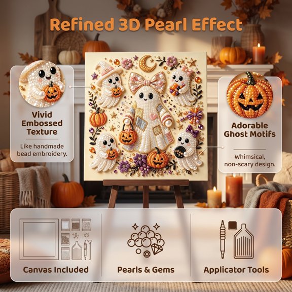 Halloween Ghost Pearl Art DIY Kit,Fall Cute Ghost Simulated Pearl Canvas Painting Kit, All-in-One DIY Art Craft Supplies,Indoor Halloween Decoration for Gallery Wall & Table Centerpiece, 1pc B