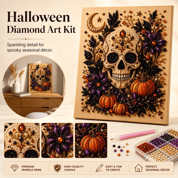 Halloween Ghost Pearl Art DIY Kit, Gothic Skull Diamond Art Canvas with Pumpkins Moon Flowers, Pearl Art Kits for Adults Halloween Decor Gift